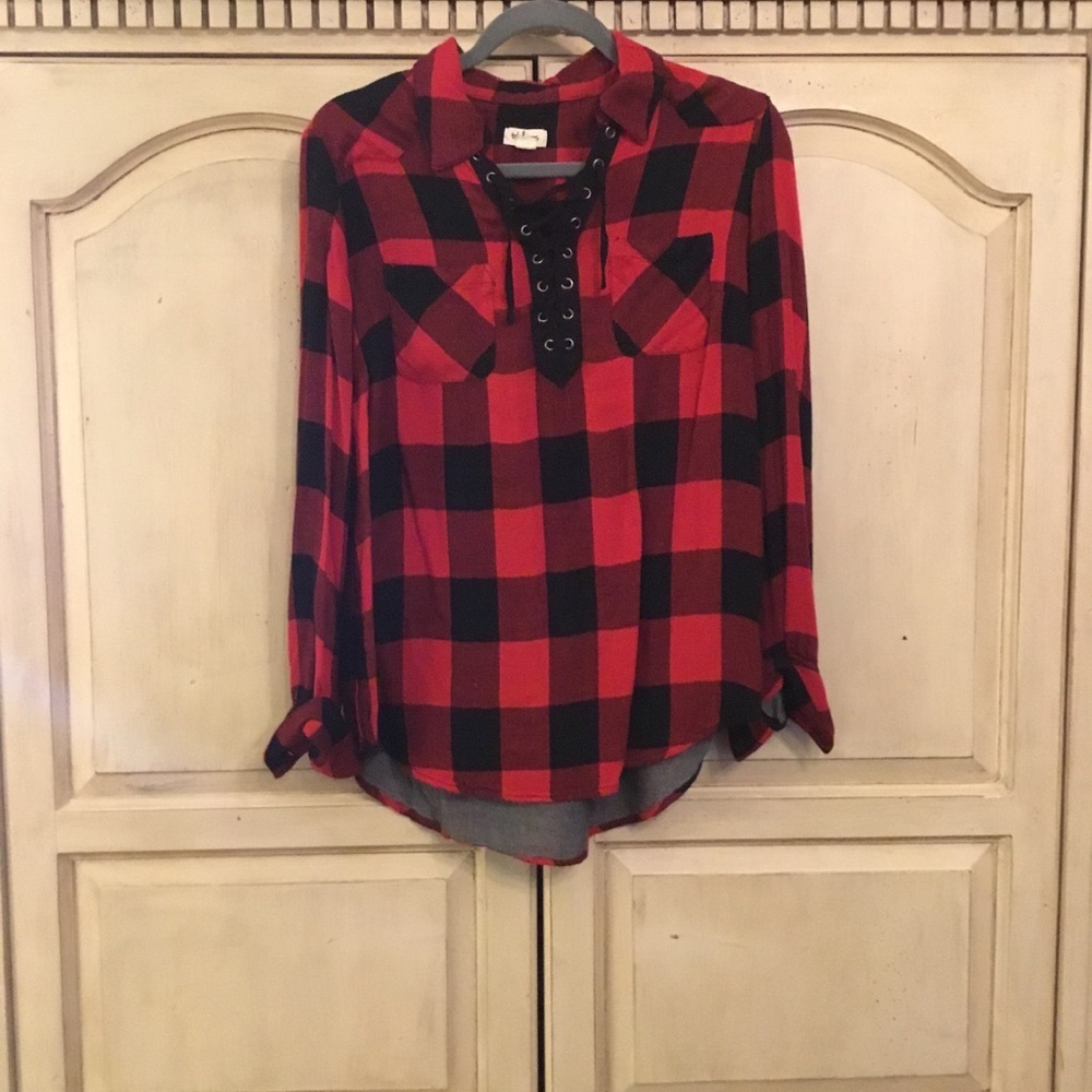 Tribal Red and Black Long Sleeve Button Down Shirt with Polo Collar